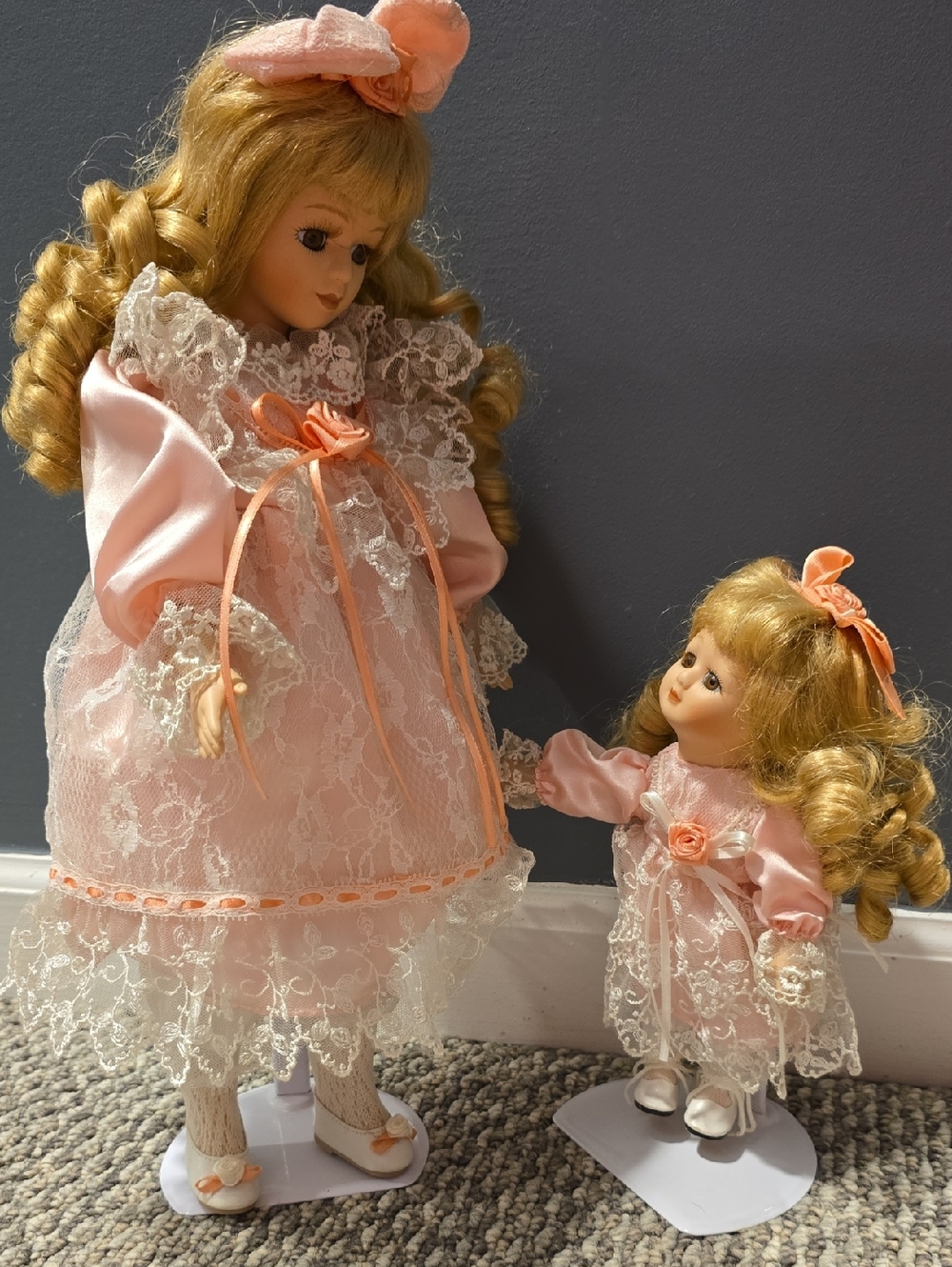Delicate Pink Lace Porcelain Doll Pair - Classic Pink Fashion Dolls
